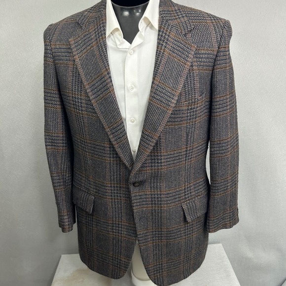 Tom James Rex J. Spivey Mens Plaid Wool Blazer Sport Coat 42R Brown Gray - Picture 1 of 13